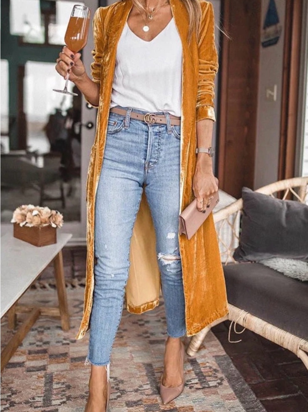 Gold Women's Velvet Mid-Length Coat